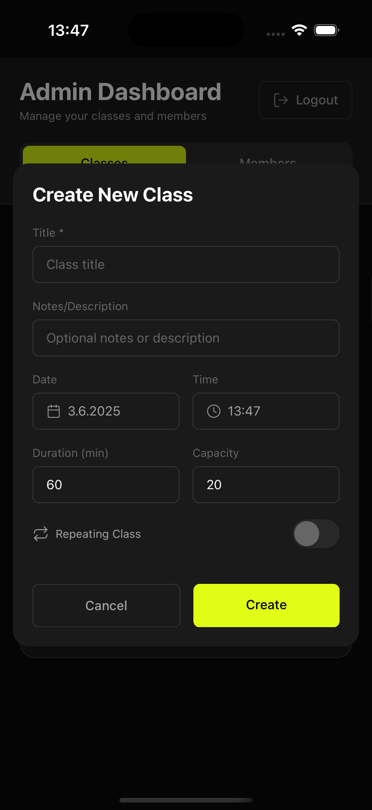 Create Class Form